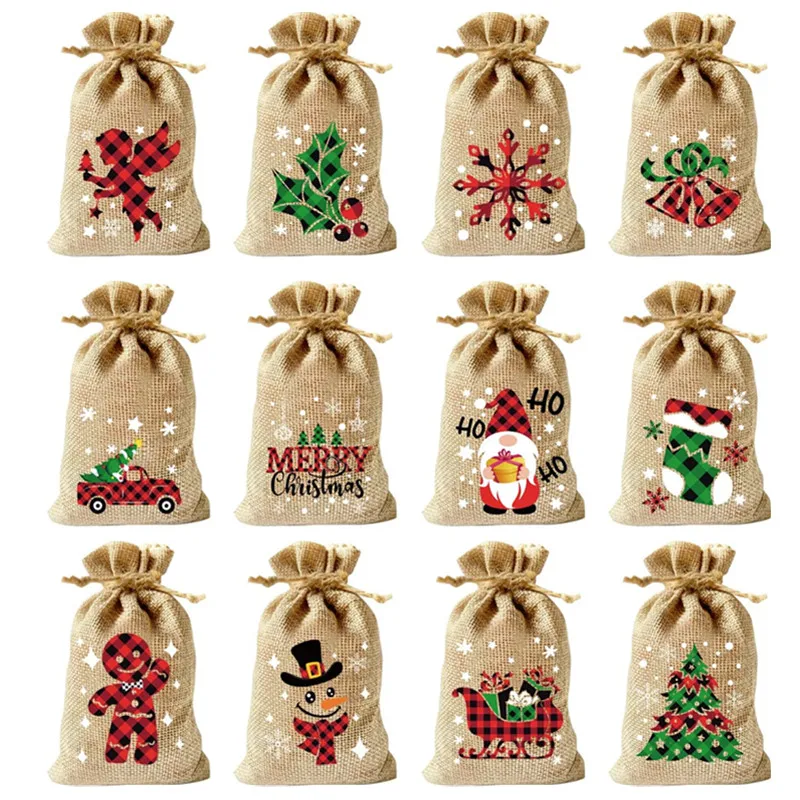 20 Pcs Christmas Burlap Gift Bags,Jute Linen Treat Candy Bag with Double Drawstrings for Xmas Party Favor