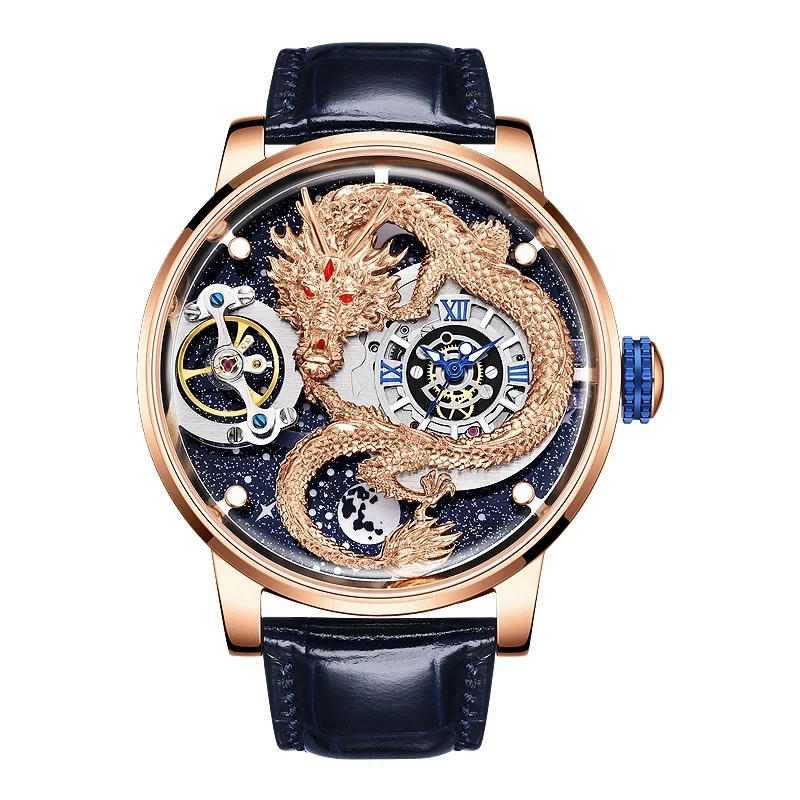 HANBORO Men Luxury Watch Automatic Mechanical Wristwatch Luminous Hands Carved Dragon Dial Fashion Elegant Man Watches