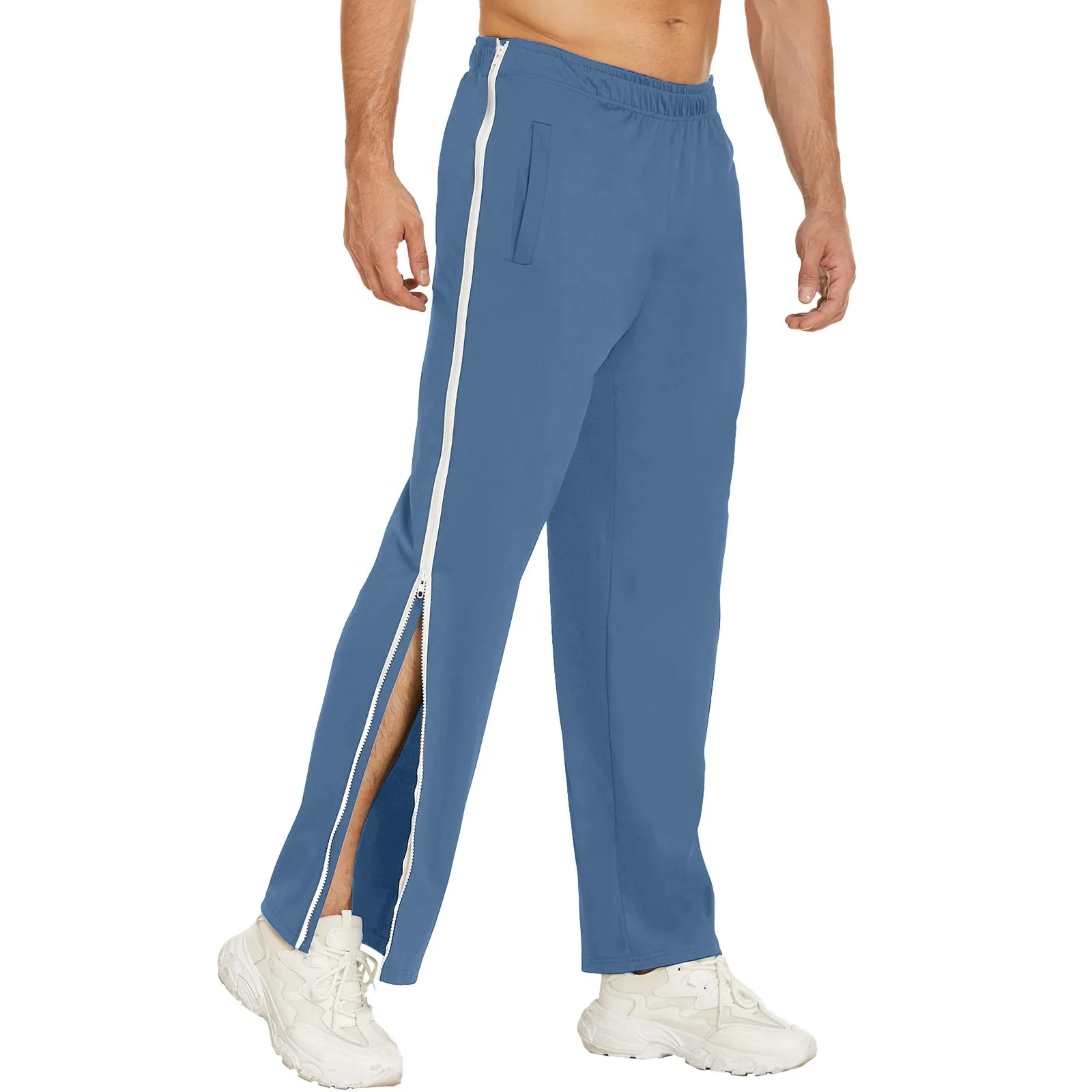 Mid-Rise Men Sweatpants Splicing Color Wide Leg Side Zipper Tear Away Basketball Pants Elastic Waistband Pockets Sports Trousers