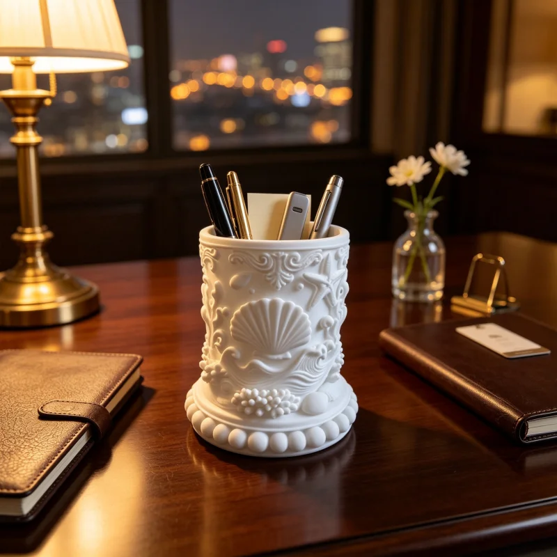 Matte White 3D Ocean Relief Pen Holder with Finely Carved Shell, Starfish, and Coral Design, Vintage French-Style Light Luxury Nautical Style Cylindrical Stationery Organizer, Smooth Texture and Exquisite Sculpting Craftsmanship, Can Hold Pencils, Scissors, Office Stationery, and Makeup Brushes, Suitable for Multiple Settings Such as Office Desk, Study Room, Dressing Table, Helps Organize the Desk Surface and Create a Tidy Workspace, Classic and Elegant Desktop Ornament, Practical Gift for Teachers, Office Workers, Housewarming, or Business Occasions