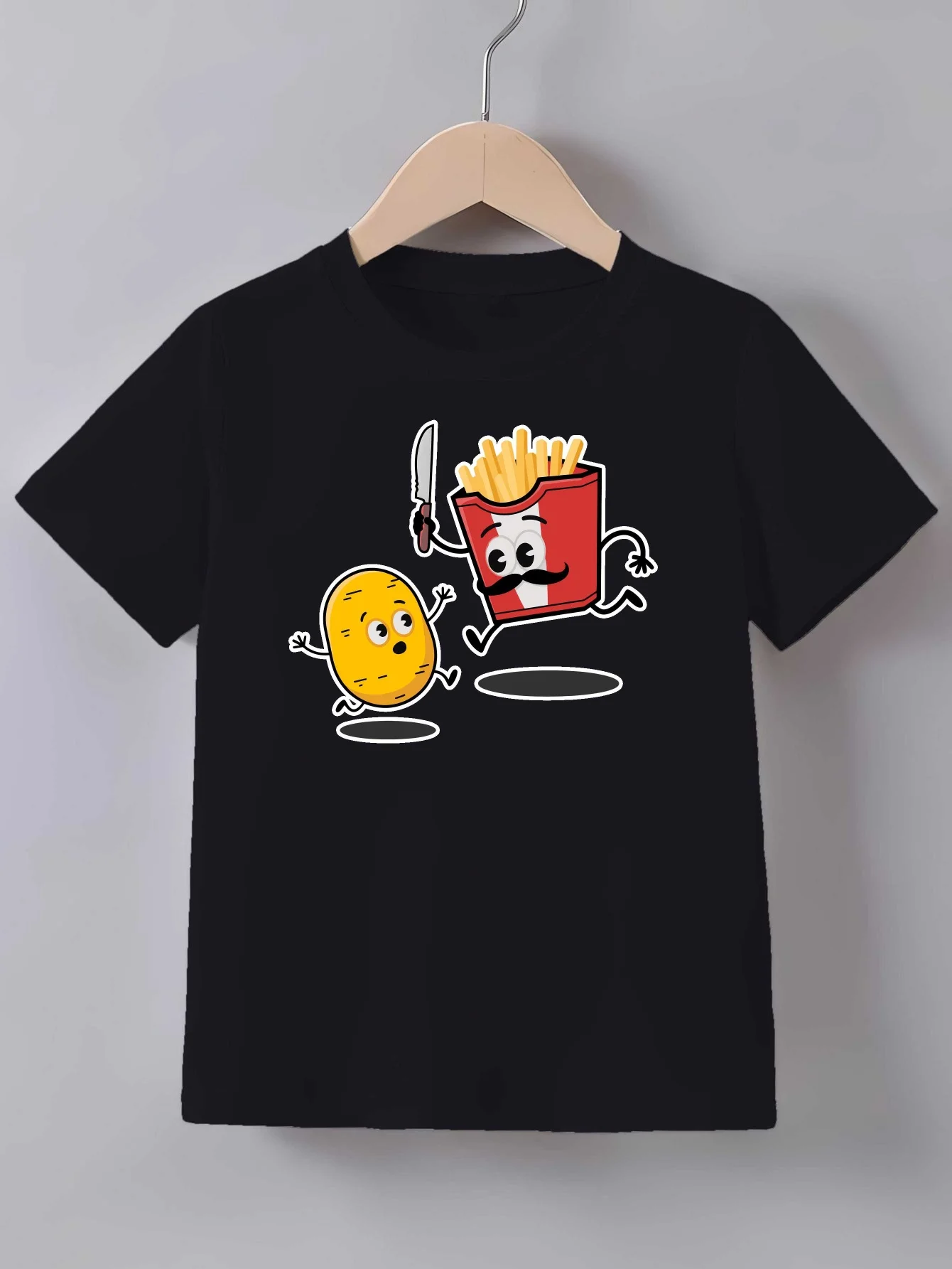 Funny Potato And French Fries Cartoon Chase Print T Shirt Family Matching Outfit Boys Girls Kids Short Sleeve Children Daily Tee