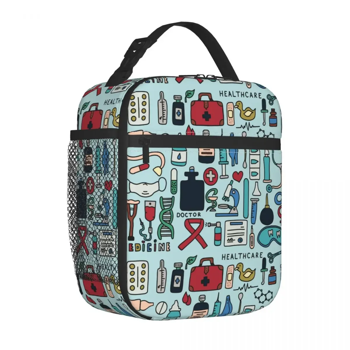 Colorful Nurse Medical Pharmacy Doodle Insulated Lunch Bag Large Reusable Thermal Bag Tote Lunch Box Beach Travel Bento Pouch