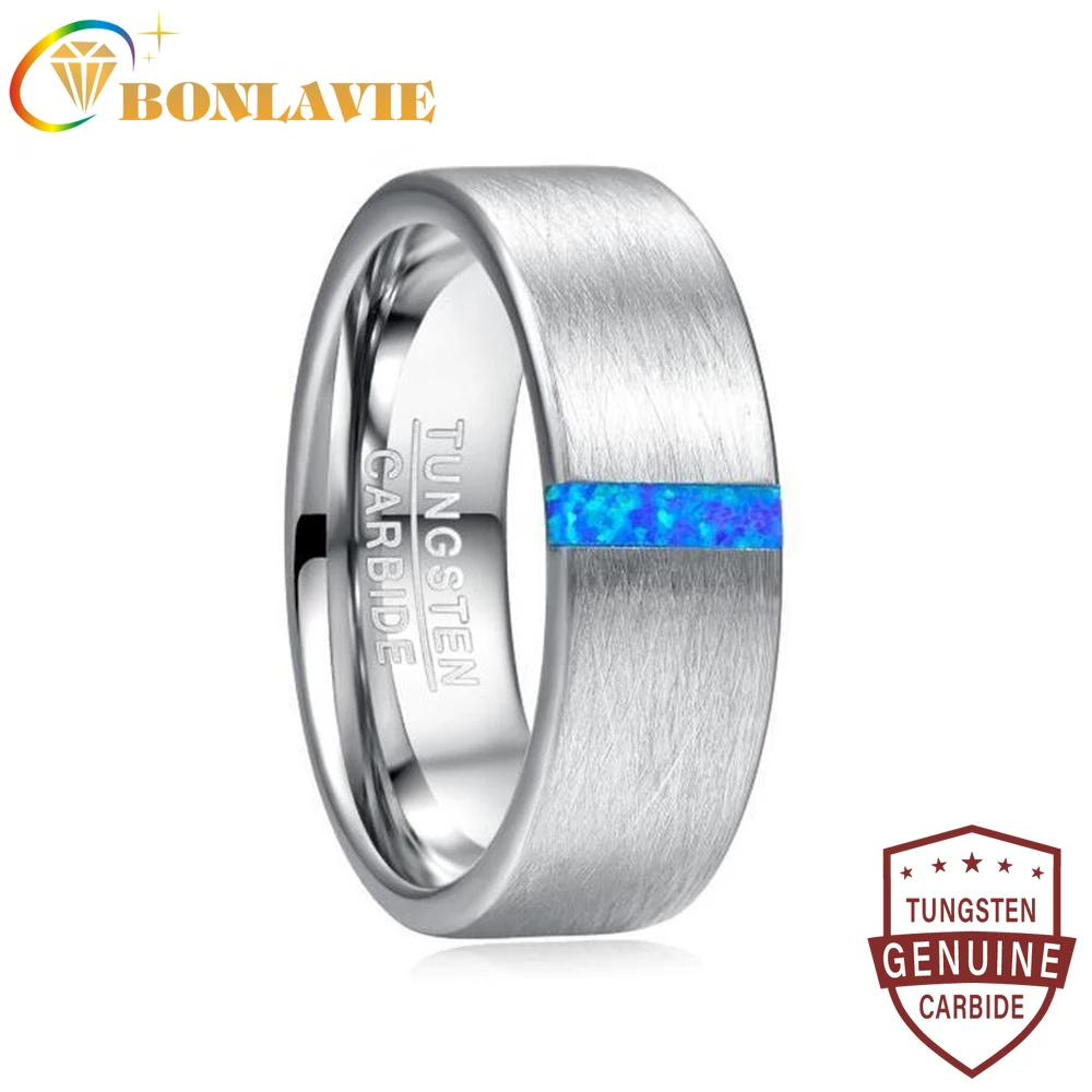 

BONLAVIE 8mm Width Men's Ring Wedding Band Engagement Ring Inlaid Blue Opal Surface Brushed Tungsten Carbide Ring