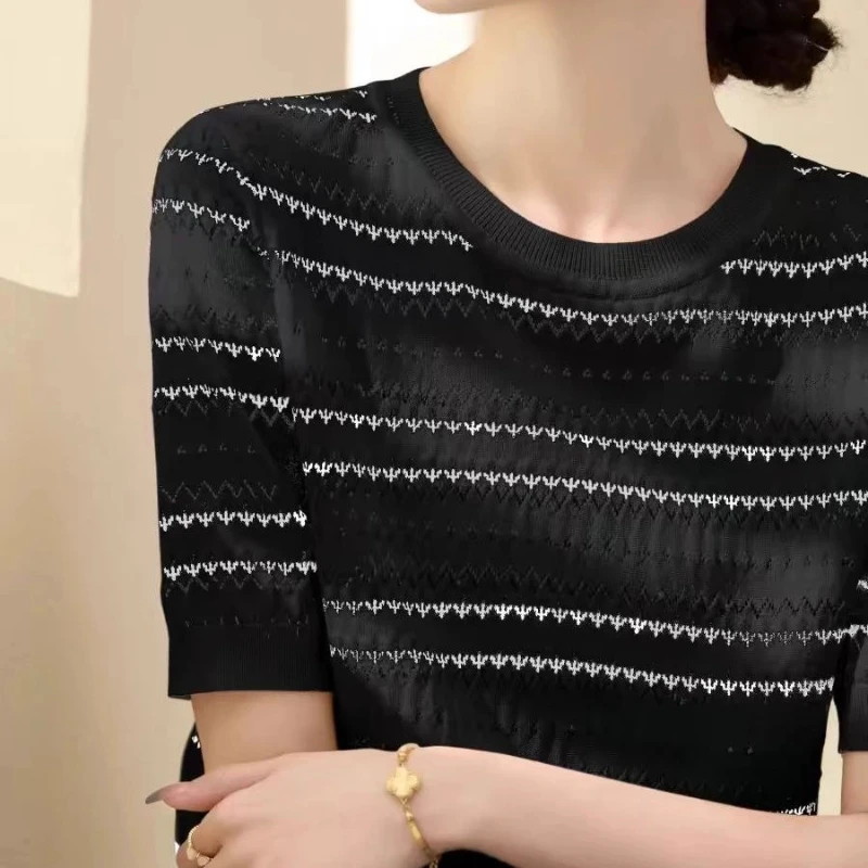

Thin Hollow Out Striped Contrast Ice Silk Elegant Tops Summer New Short Sleeve Temperament T Shirts Fashion Casual Women Clothes