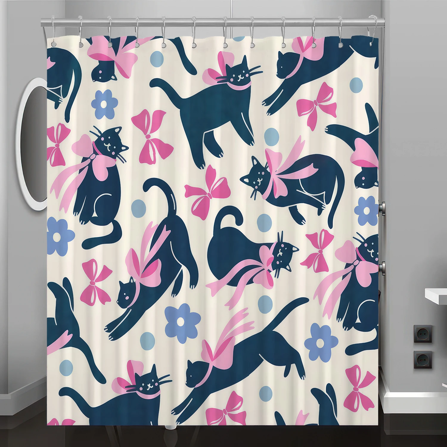 

Cartoon kitten bow pattern digital print shower curtain