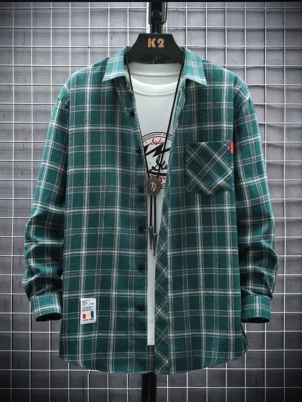 

Retro Japanese Sle Long Sve Pure Cotton Casual Loose Men's irt Spring Autumn Plaid Design Sense Outerwear Coat