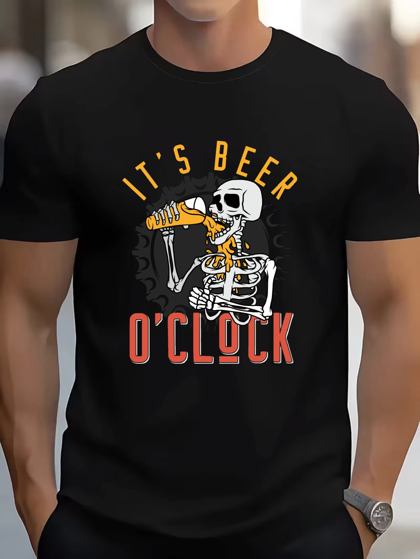 

Retro It's 5 O'Clock Skeleton Graphic T-Shirt for Men, Funny Drinking Short Sleeve Tee, Casual Skull Print Tops