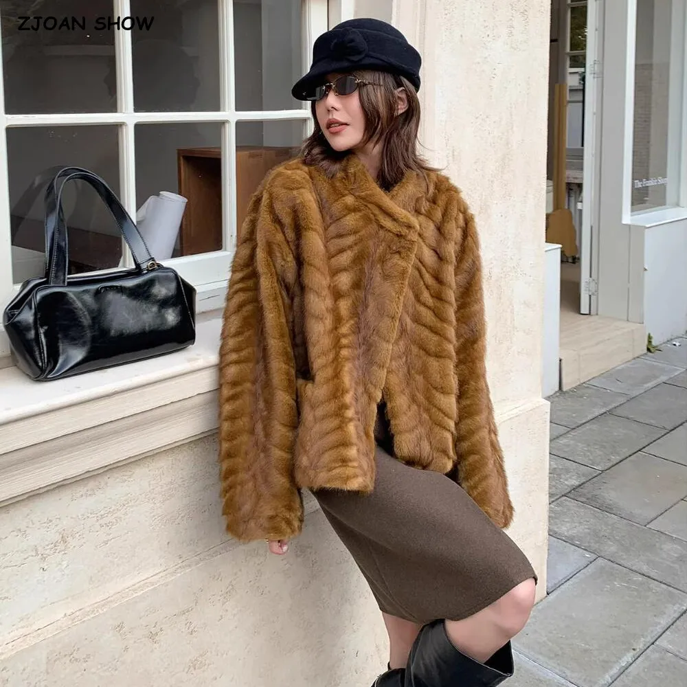 

New Winter Embossing Wave Line Pattern Faux Mink Fur Coat CHIC Women Stand Collar Front Pocket Full Sleeve Short Outerwear Warm