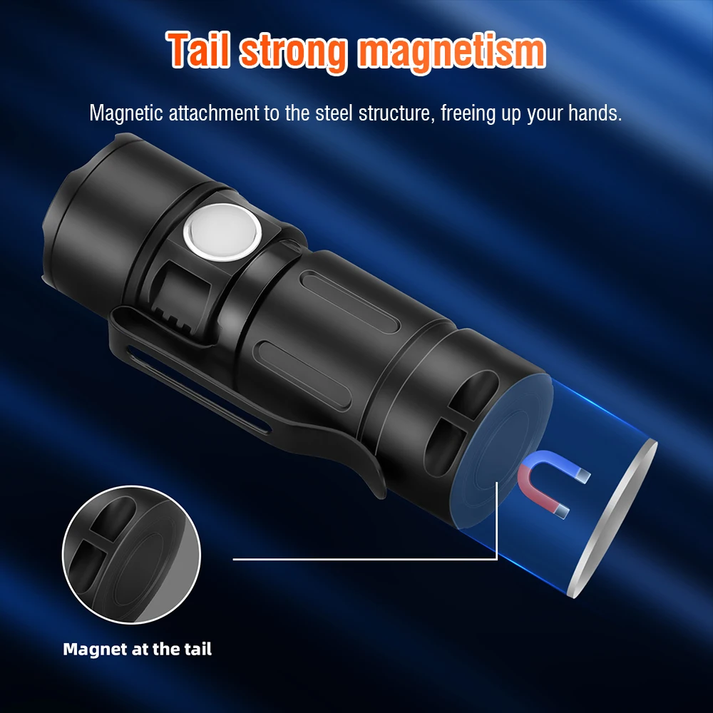 BORUiT Mini Led Flashlight 600LM Rechargeable Pocket Torch Light 16340 battery Waterproof Camping Lantern with Magnet Hug clip