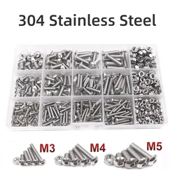500/340PCS Stainless Steel Hex Button Socket Head Cap Screws Hexagon Thread Machine Metric Nut Bolt Assortment Kit Set M3/M4/M5