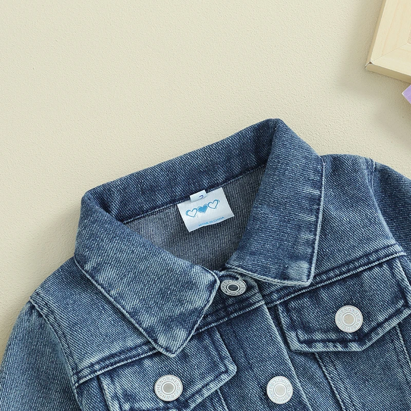 Toddler Girl Denim Jacket Letter Embroidery Long Sleeve Button Jean Cardigan Coat for Infant Baby Spring Fall Outwear