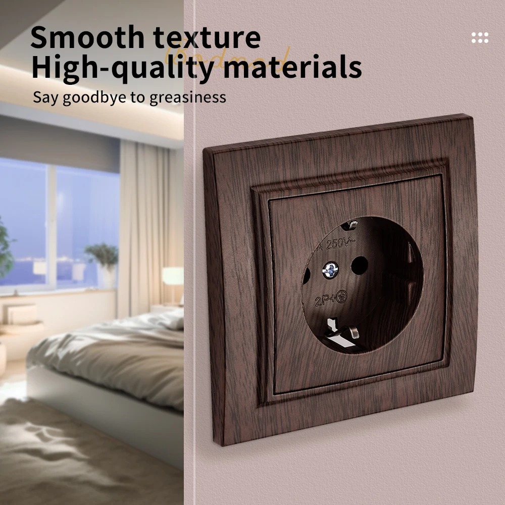 WESA Wood Spray Paint Wall Embed Socket Plug Brown Power Socket EU Electrical Outlett With Ground Flame Retardant Plastic Socket