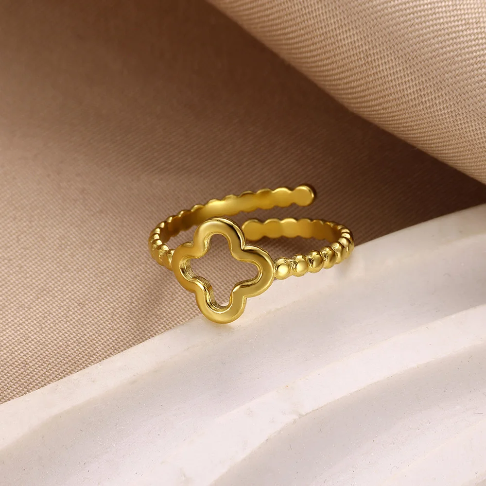 Four Leaf Clover Rings for Women Elegant Opening Stainless Steel Ring Gold Color Couple Band Aesthetic Jewelry free shipping