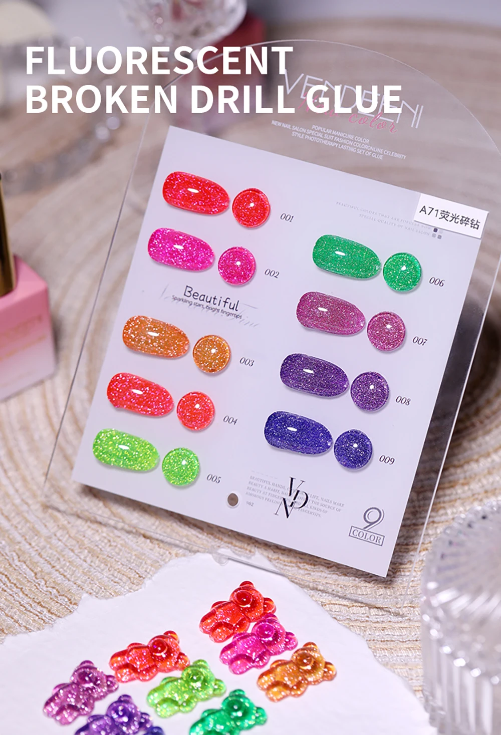 Vendeeni 9 Farben/Set Glitzer-Broken-Diamond-Gel-Nagellack, semi-permanenter fluoreszierender UV-LED-Soak-Off-Gel-Lack mit Display – Detail 8