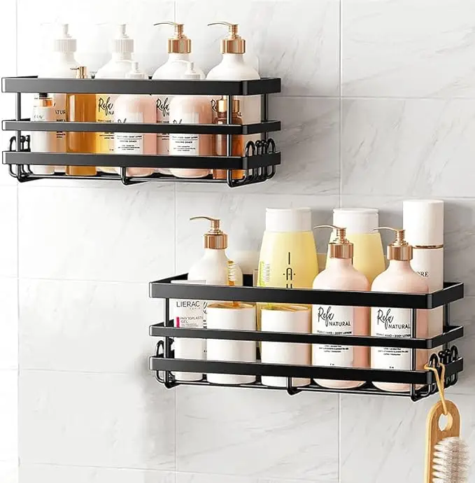 Badkamerplank Douche-organizer Loft Set 2-delig Zwart-Douchemand, Metalen badkameraccessoires, Zuigbox, Cosmetische hanger, Loft-wandrek, RV-organizer, Plank zonder boren
