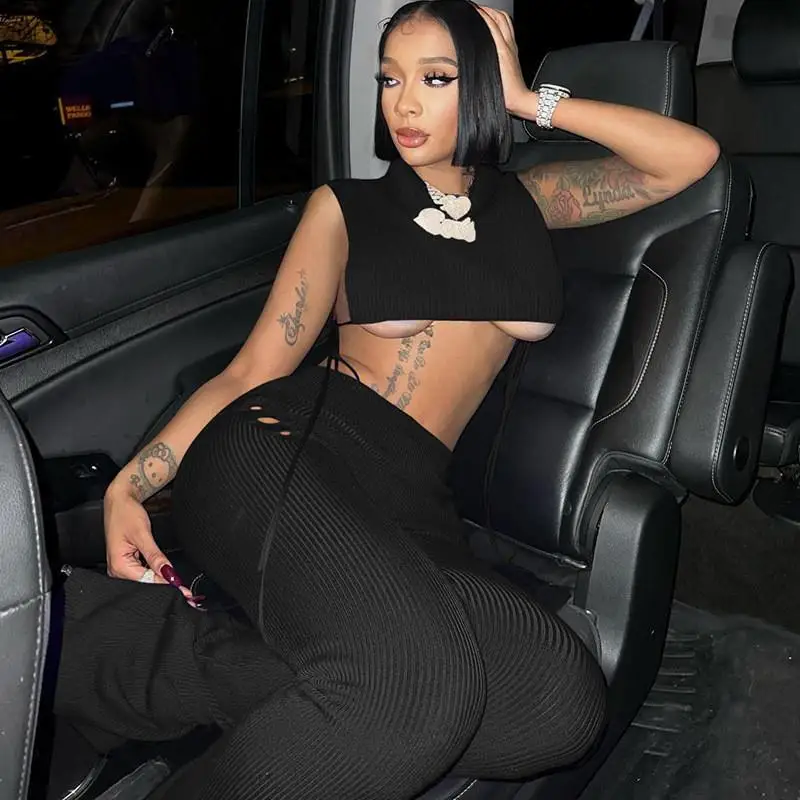 

Spring 2023 Women's Pure Color Ribbed Hollow out Belted Tight Yoga Sports Set Breathable Quick Dry Comfortable Long Pants