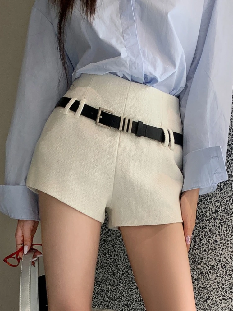 2026 Spring Autumn New Classic Black High Waist Belted Casual Women Shorts Korean Figure Flattering Basic Bottoms Daily Wear