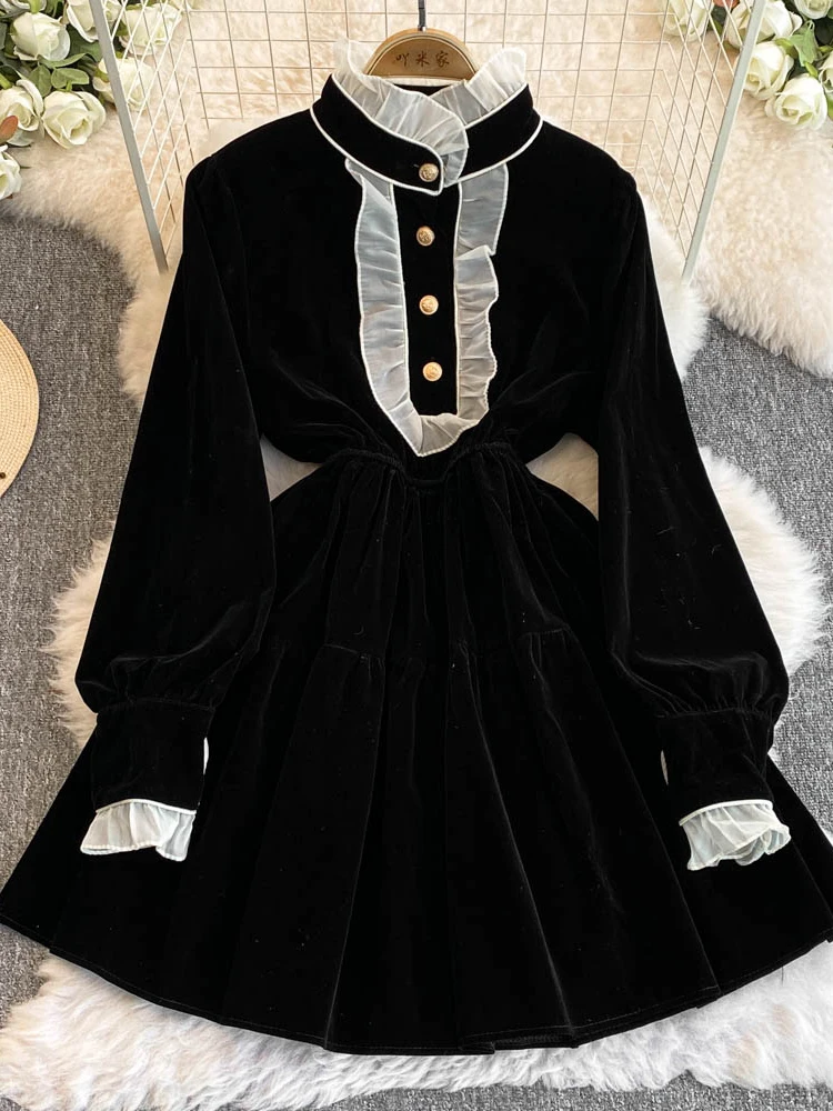 Женское черное готическое вечернее платье трапециевидной формы, винтажное мини-бархатное платье с длинными рукавами Y2k, вечерние клубные цельные платья, одежда 2000-х годов Женское черное готическое вечернее платье трапециевидной формы, винтажное мини-бархатное платье с длинными рукавами Y2k, вечерние клубные цельные платья, одежда 2000-х годов