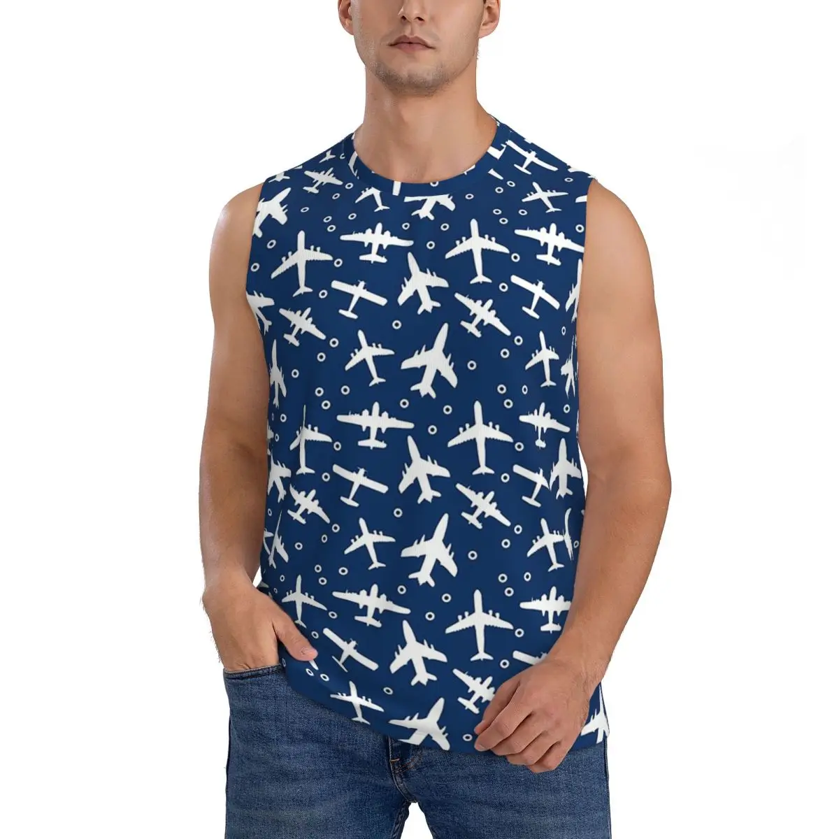 Blue And White Aeroplanes Silhouette Pattern Men Sleeveless Tank Tops Quick Dry Breathable Gym Fitness Running Summer Sport Vest