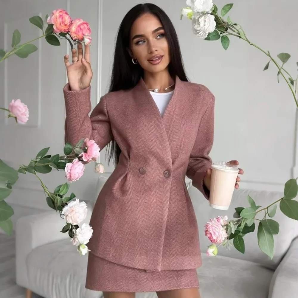 Women Herringbone Tweed Suit Double Breasted Blazer Mini Skirt Two Piece Set Elegant Office Lady Work Outfit Formal Party Wear