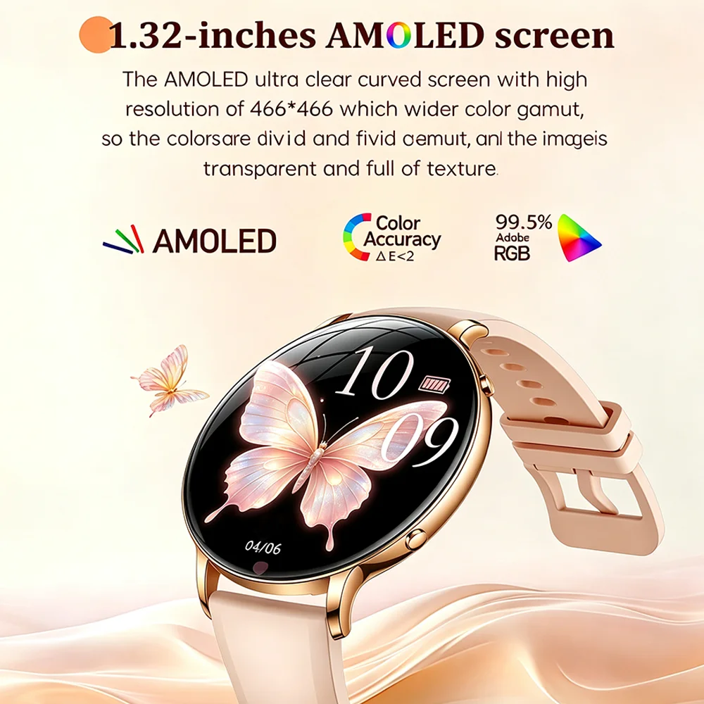 2026 Ultra-thin Women's Smartwatch 1.32-inch AMOLED High Definition Flashlight Wireless Call Function IP68 Waterproof Smartwatch