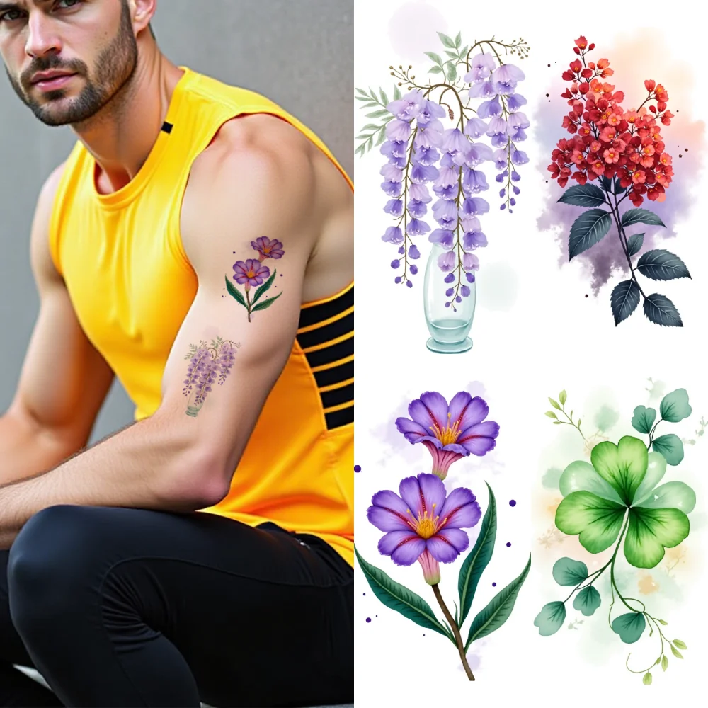 

9pcs Temporary Tattoo Flower Illustrations Waterproof Long-lasting Body Stickers Floral Designs Watercolor For Cheeks Ladies