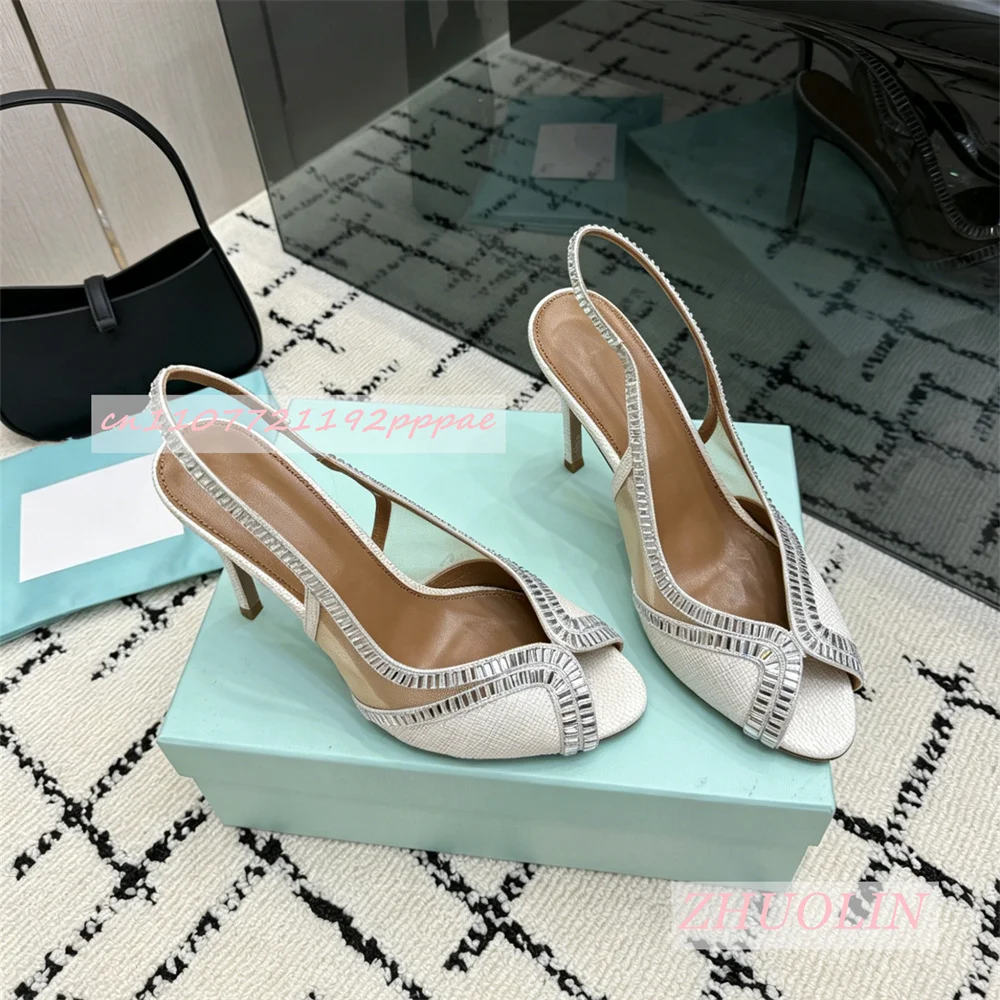 Luxury Genuine Leather High Heel Sandals Women Woven Rhinestone Trim Open Toe Thin Stiletto Elegant Wedding Summer Dress Shoes