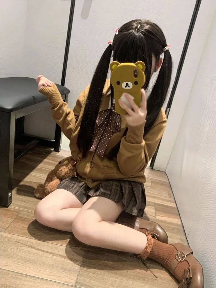 

Original Caramel Croissant Japanese Style JK Uniform Autumn Winter Set Plaid Skirt Long Sleeve Sweater Cardigan College Style...