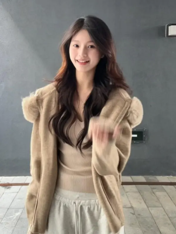 

Свободная вязаная шапка в стиле ретро Lazy Sle Thiened, толстовка небольшого размера, зимний топ Super (3) для поездок на работу, облегающая молния