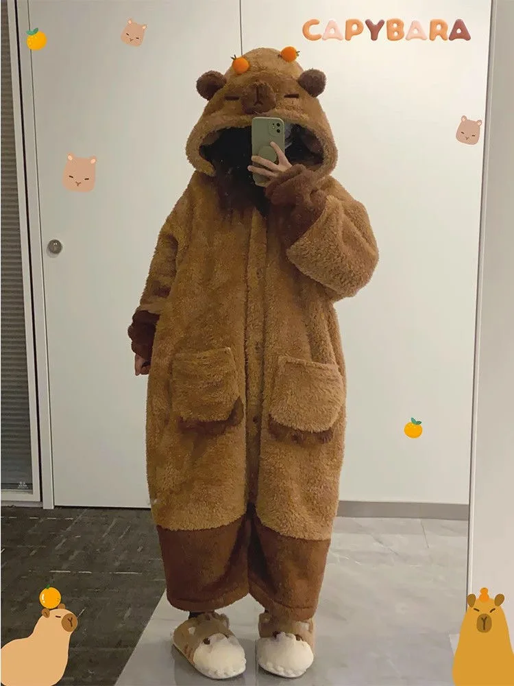 Winter Capybara Cosplay Kostüm Roben Erwachsene Kigurumi Einhorn Onesie Anime Nachthemd Halloween Cartoon Pyjamas Nachtwäsche – Detail 2