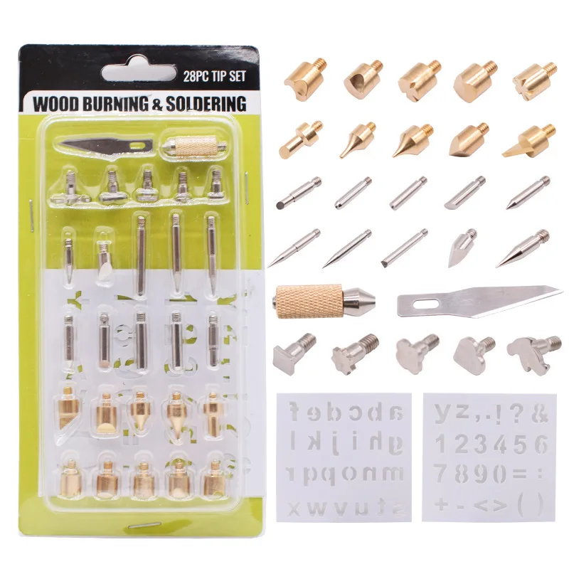 28pcs Wood Burning Pen Tips Stencil Set Soldering Iron Welding Tips Working Burner Tip For Pyrography Woodworking Carving Tool