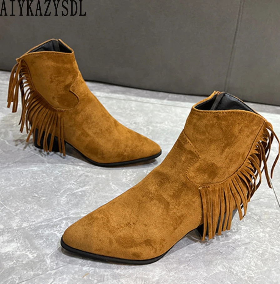 

AIYKAZYSDL Spring Autumn Tassel Fringe Ankle Boots Boho Bohemia Cowboy Bootie Chunky Block Thick Med Heel Shoes Bootie Plus Size