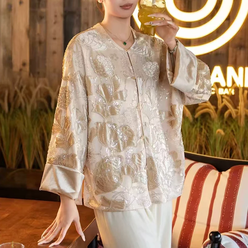 Spring and Autumn New O- Neck Single breasted Silk +Velvet Fabric Beading + Sequin Design Handmade Button Women's Coat S-XL
