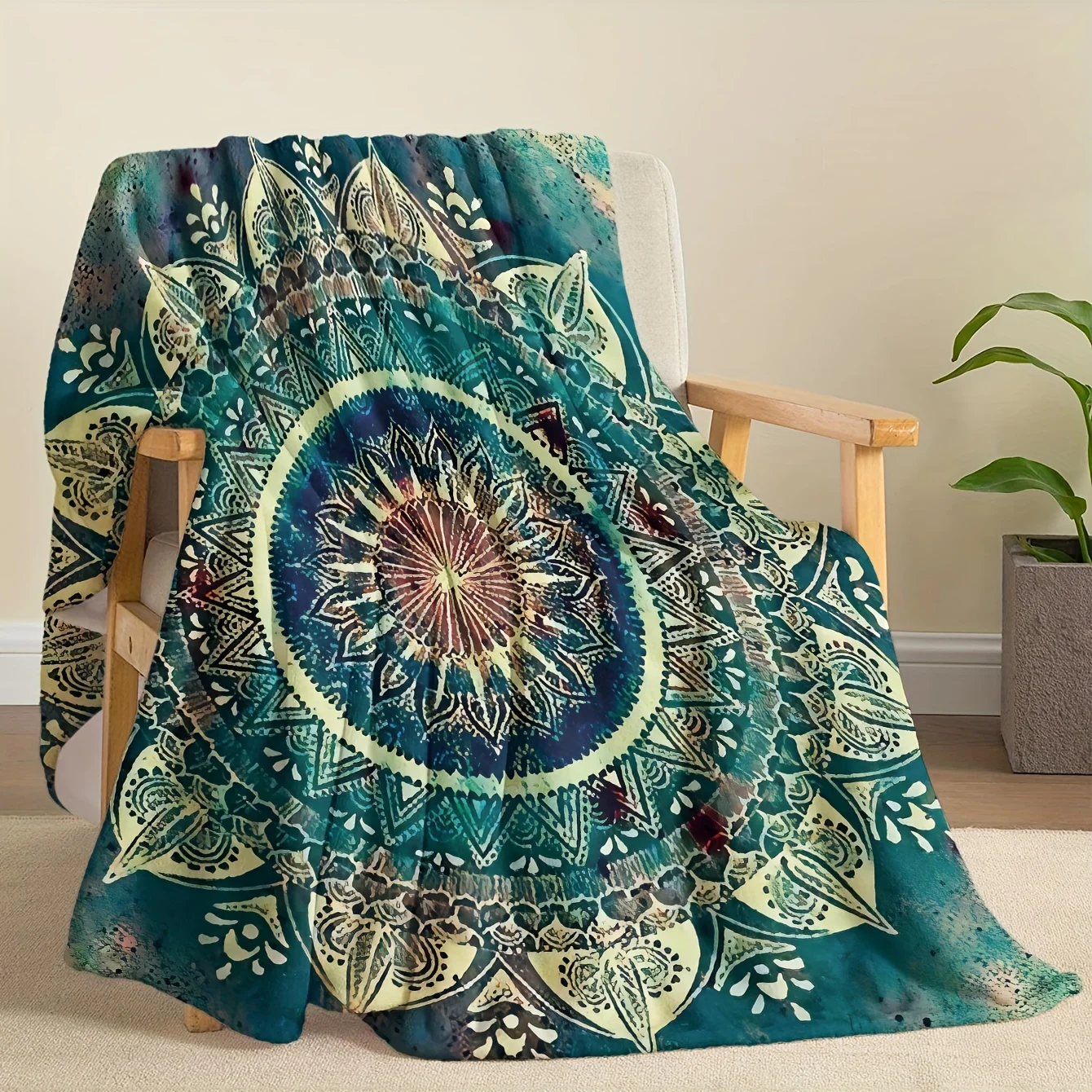 Bohemian Style Mandala Fleece Blanket - Soft, Vibrant Blue, Green, Yellow Patterns | Perfect for Sofa, Napping, Bedding