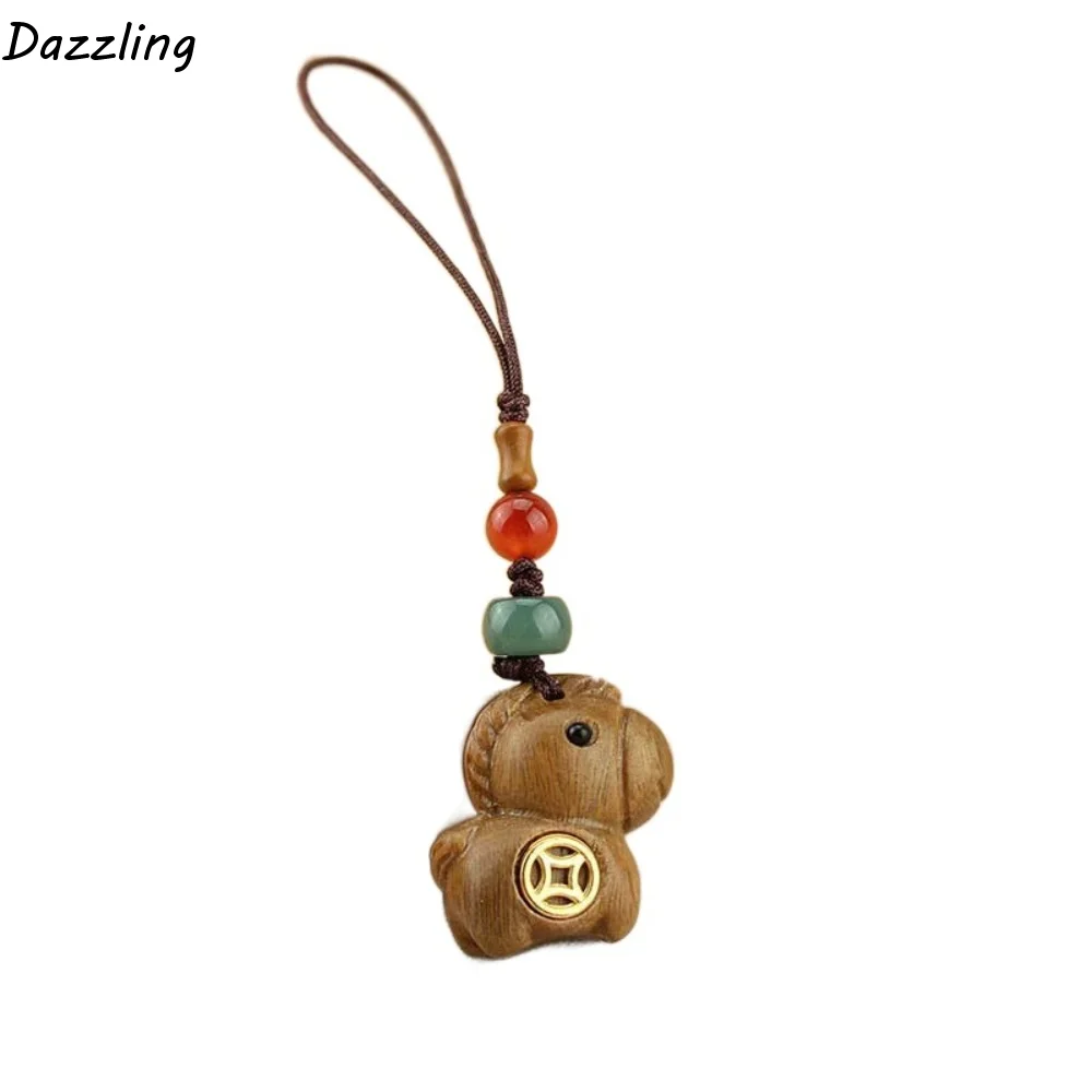 

Creative Mini Zodiac Horse Mascot Keychain Retro Cartoon Wooden Horse Pendant New Year Rope Weave Key Ring Bag Key Decor