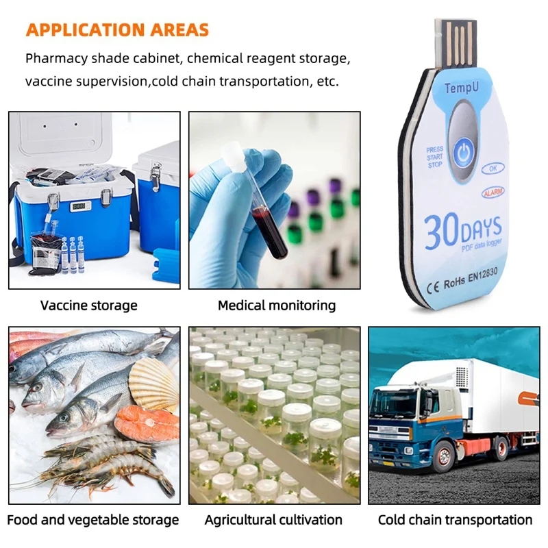 Rapporto PDF porta USB 10000 punti registratore di dati di temperatura USB uso usa e getta della catena del freddo