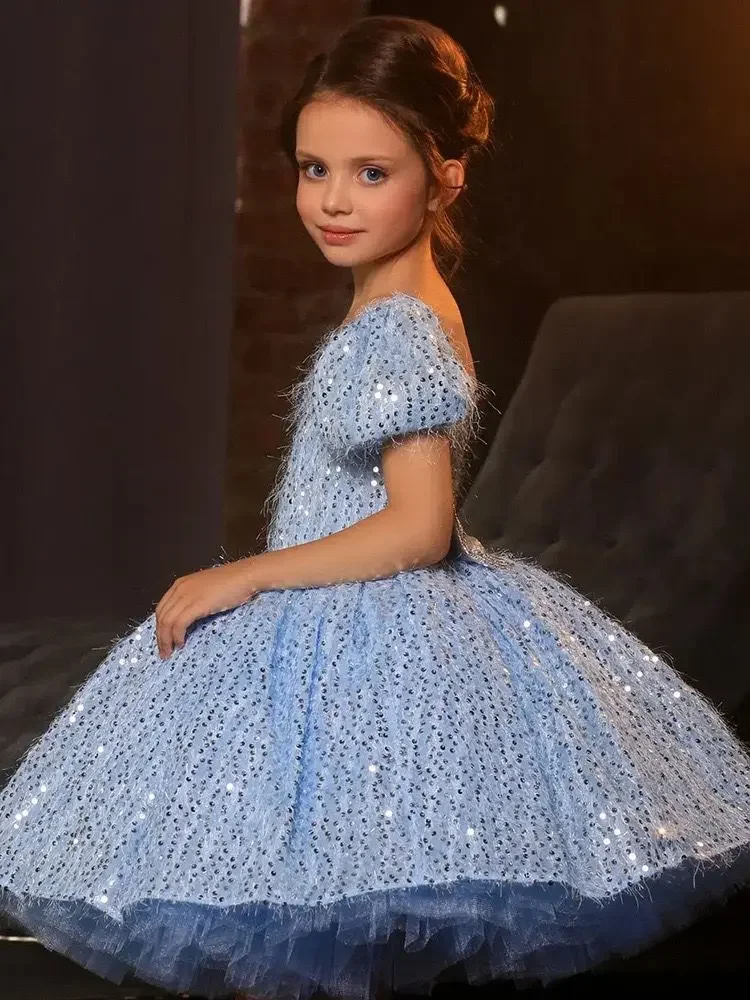 فساتين فتاة الزهور لامعة السماء الزرقاء الزفاف الترتر فساتين مخصصة القوس فتاة الاطفال عيد ميلاد الكرة ثوب المناولة المقدسة الأولى #3