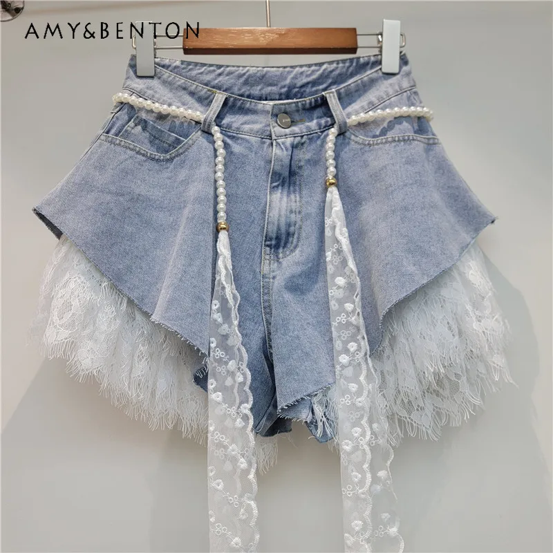 Conjunto Feminino de Verão 2026: Shorts Jeans de Renda e Blusa Fina de Cintura Alta com Detalhes em Renda - Estilo Casual e Streetwear