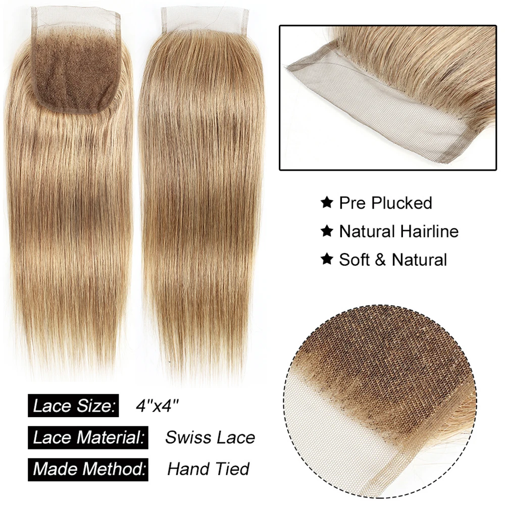 Ash Blonde Color Human Hair 3 Bundles With 4x4 Lace Closure Straight Indian Remy Hair Extension Double Wefts 95g/PC Full End