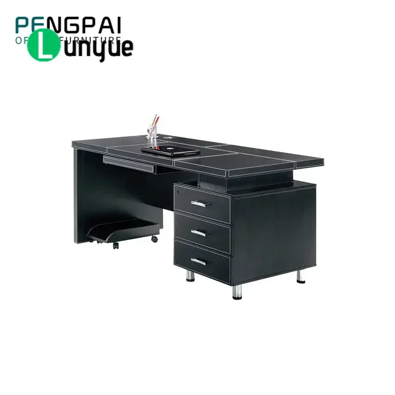 Modern Black PU Leather Office Desk Computer Table Set Contemporary Home Office Furniture Durable Workstation for Study Room