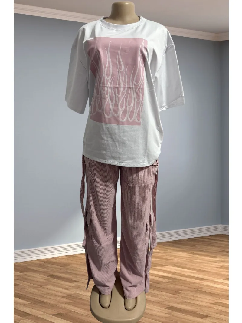 

Two Piece Sets Women Pant Set Matching Sets Short Sleeve Y2k Streetwear Tops Pocket Long Pants Casual Loose High Waist Summer