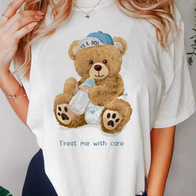 تي شيرت طباعة عادية تنوعا المرأة الدب نمط لطيف الأبيض قصيرة الأكمام المرأة شعبية س الرقبة الأساسية موضة تي شيرت #4