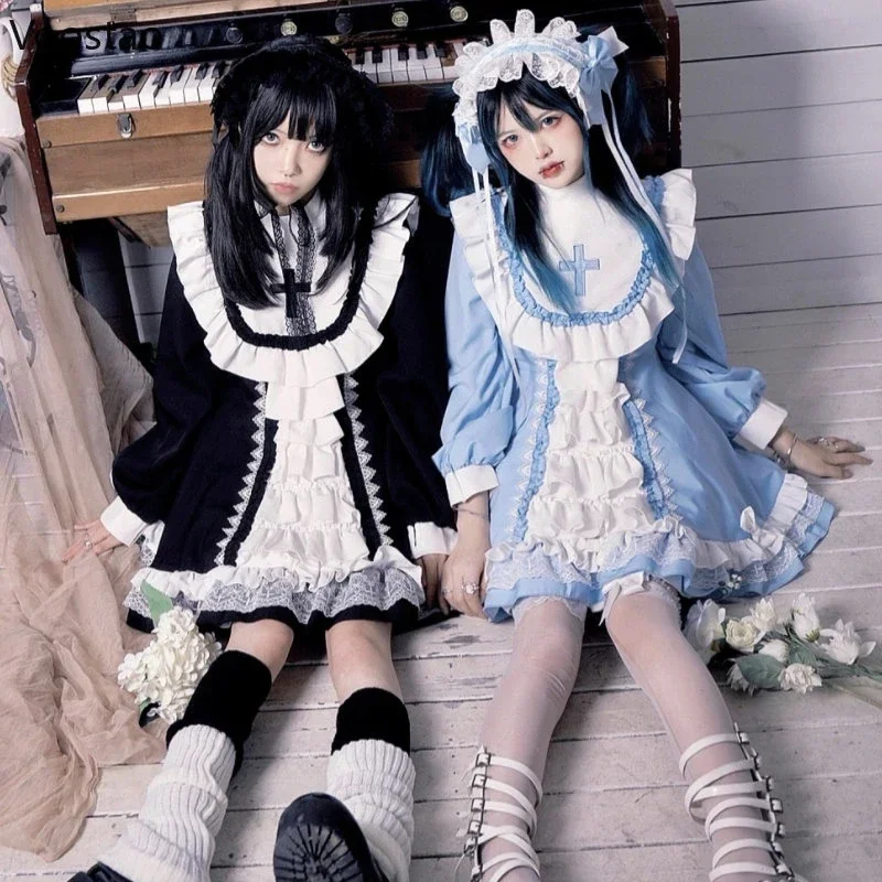 Japanese Gothic Lolita OP Dress Women Victorian Cross Embroidery Ruffles Cosplay Witch Maid Dresses Girls Sweet Party Dress 2023