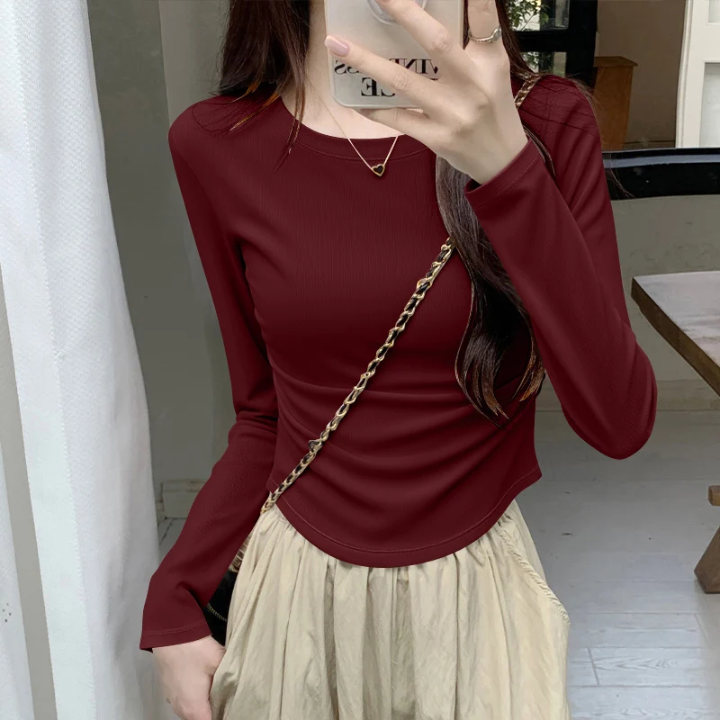 

Футболка Slim Fit Long Sve, женская одежда для поездок на работу, удобная базовая футболка с завязкой на талии, повседневный круглый топ Ne Top