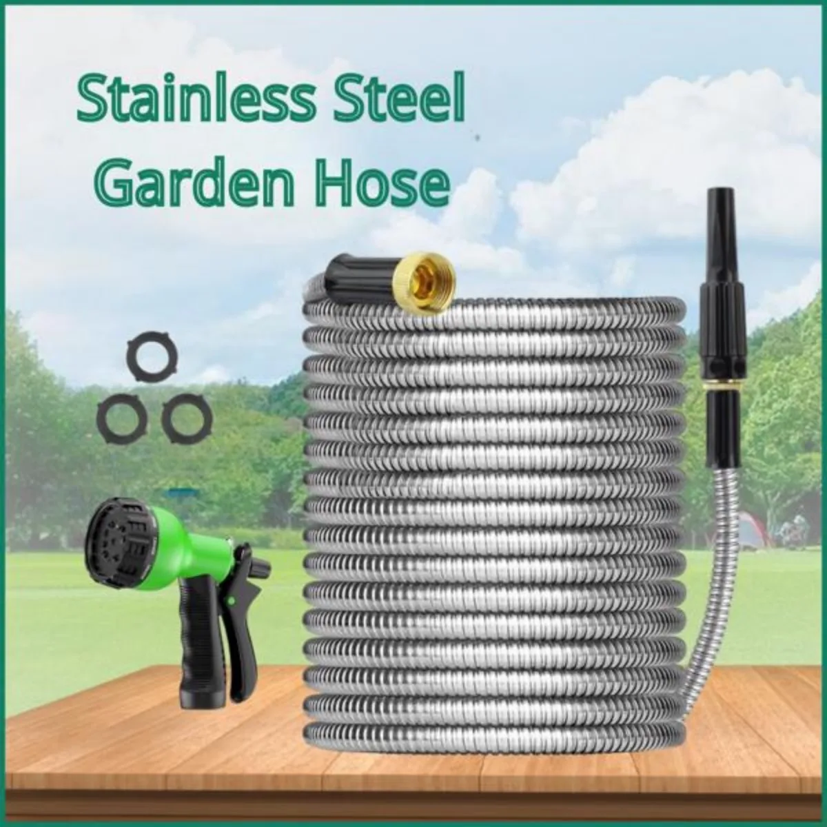 

100FT Garden Hose 304 Stainless Steel Heavy Duty Hose with Multi-purpose Nozzle Water Gun Home Garden Watering Hose