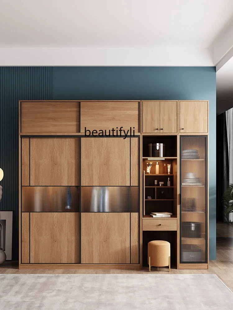 Nordic Solid Wood Wardrobe New Simple Wardrobe Induction Lamp Open Door Bright Small Apartment Japanese Sliding Door Cabinet