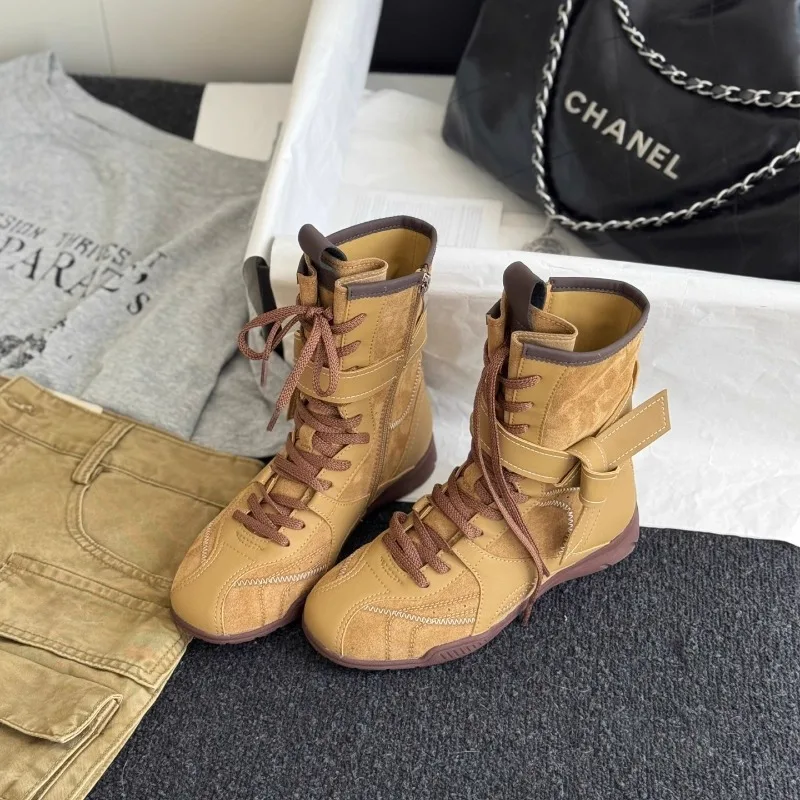 

2025 дизайнерские женские ботильоны на шнуровке с круглым носком, винтажная осенне-зимняя обувь на низком каблуке с боковой молнией, модные универсальные ботинки