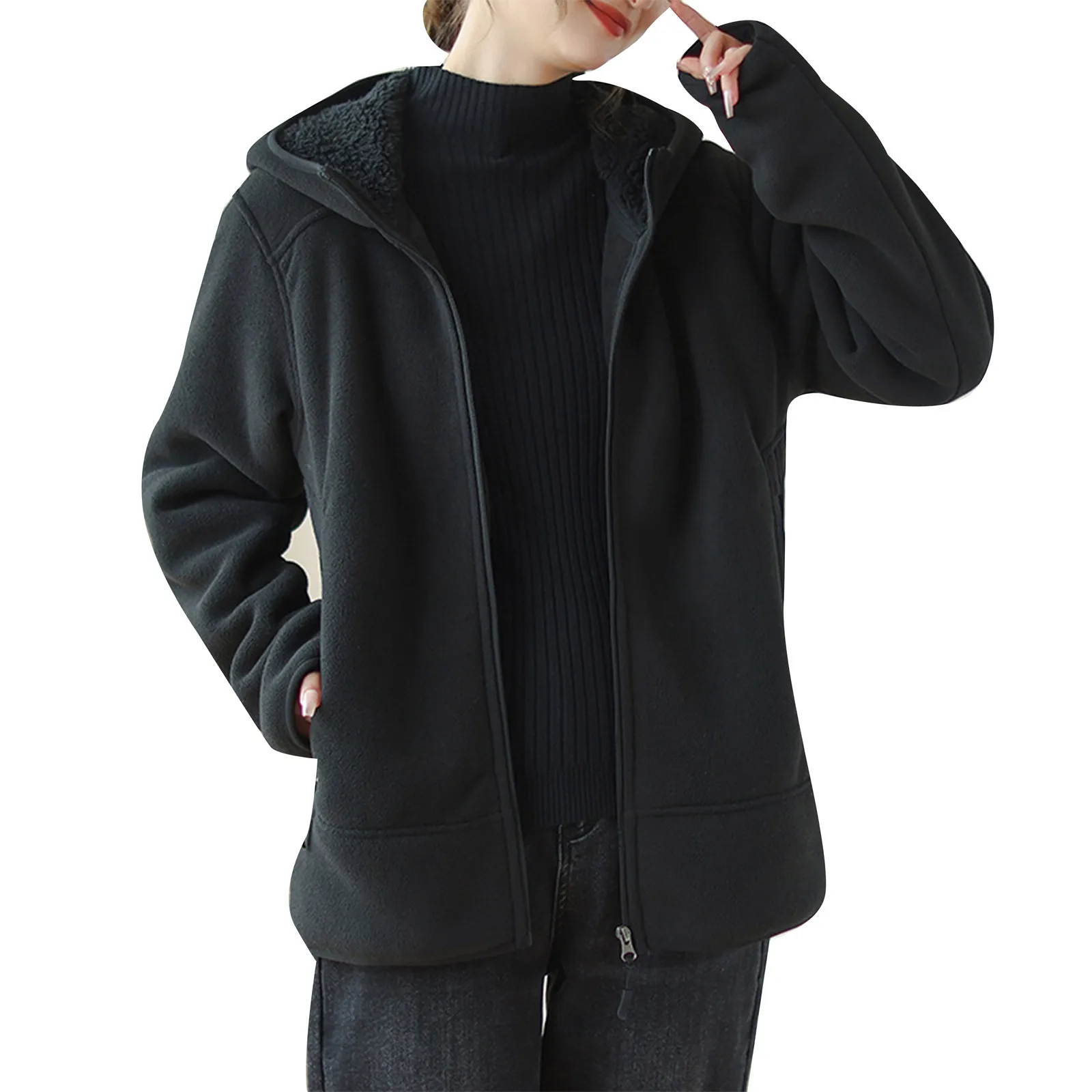 

Womens Double Fleece Jacket Thicken Zip Up Long Sleeve Hooded Coat Winter Outerwear With Female Jackets Korean Style Loose Coat