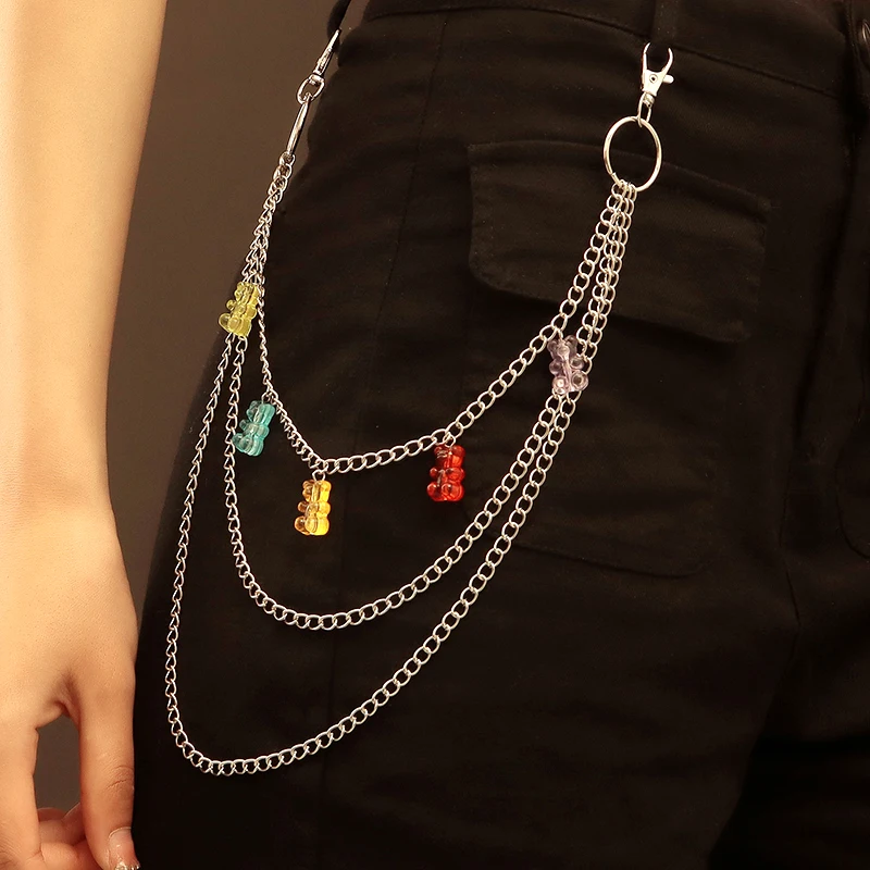 Punk Silver Color Multilayer Heart Bear Chian Pant Jean Keychain Women Fashion Rock Waist Belt Wallet Chain Accessories Jewelry