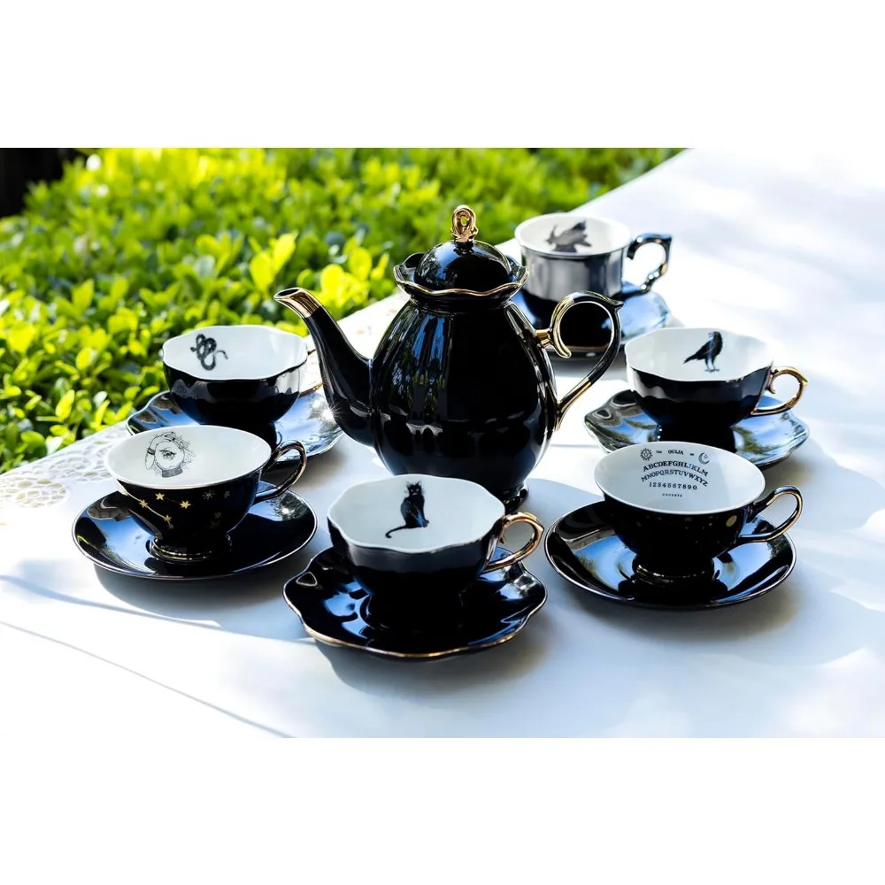 Black Gold Scallop Teapot + 6 Assorted Halloween Tea Cup and Saucer Sets Hand Painted Gold Trim